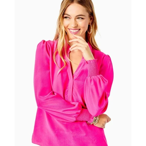 Lilly Pulitzer Pink Smocked Blouse Medium EUC - Picture 2 of 8
